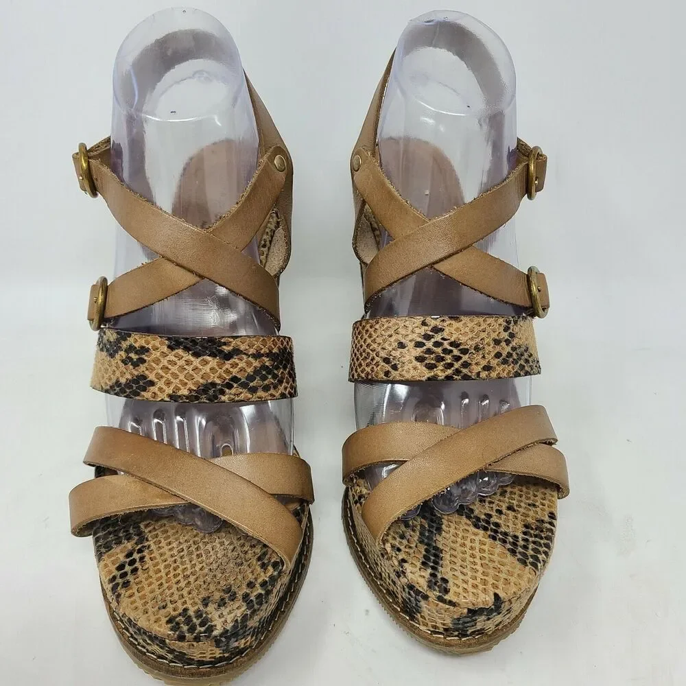 Andre Assous Spain Leather Stappy Sandal Snake Print Brown Tan Wedges Size 10